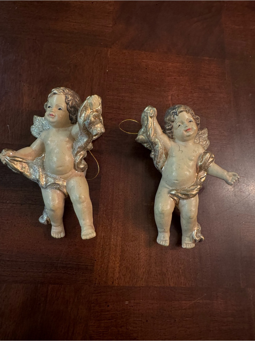 2 Holiday Cherub 7" Angel Ornaments Cream and Gold Christmas